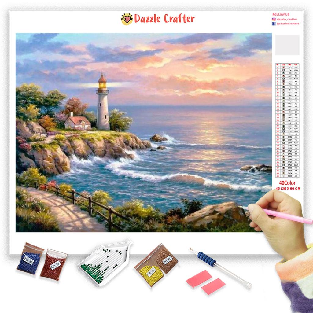 LARGE DIAMOND PAINTING KIT FULL DRILL ROUND COLORFUL LIGHTHOUSE 50X70 CM